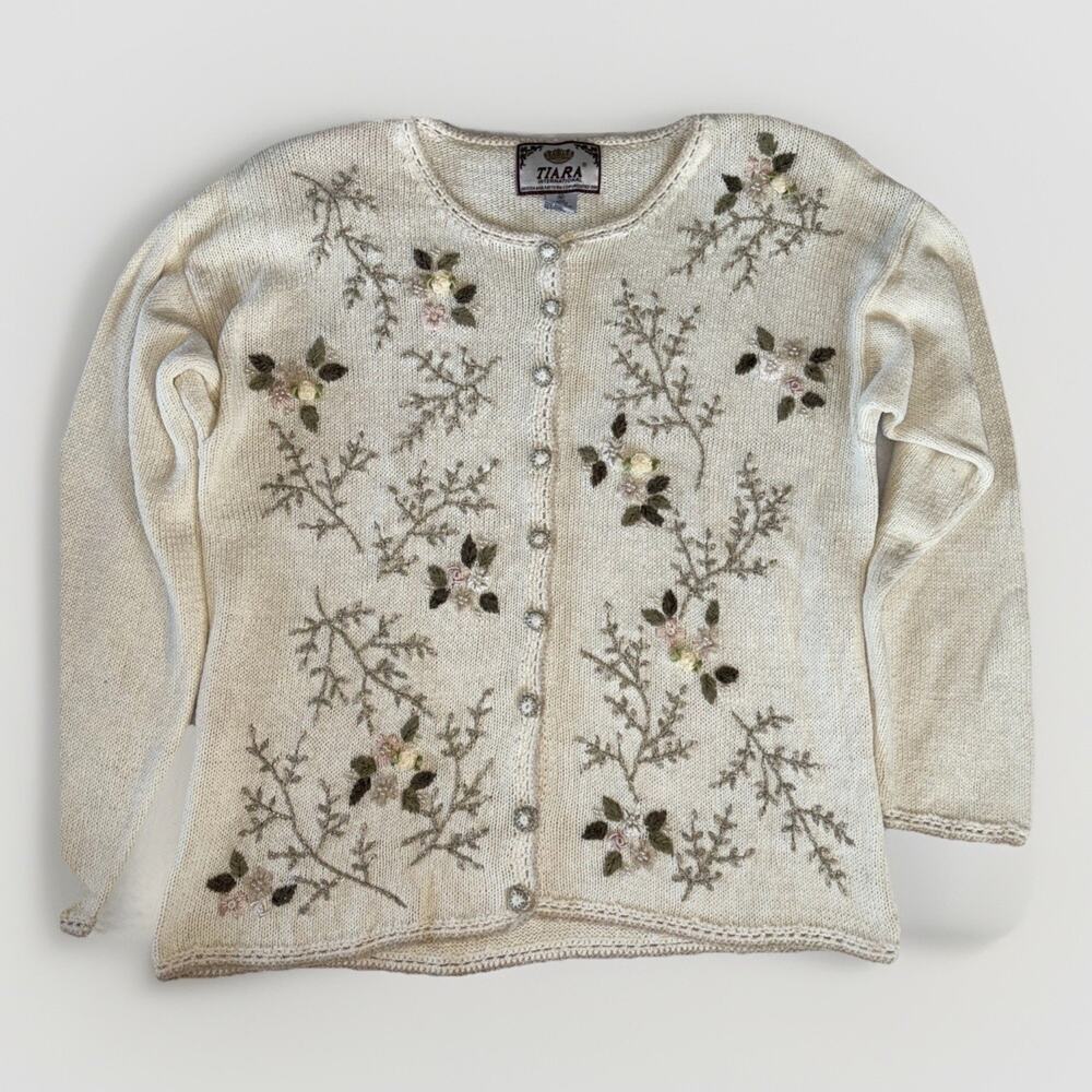 Tiara International Cardigan Floral Embroidered Knit Crochet Cottagecore VTG Y2K